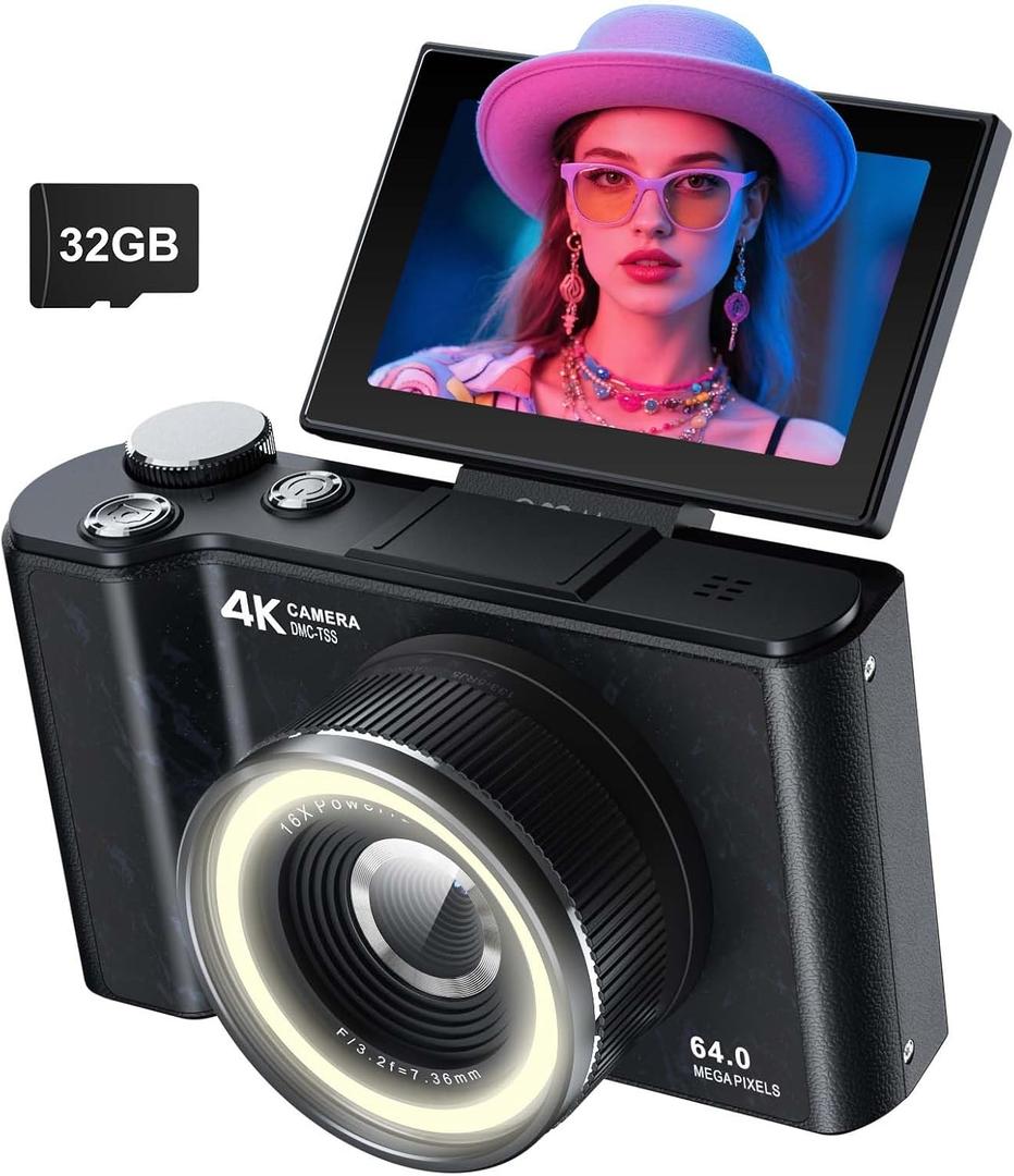 W & O Digital Camera for Teens,Kids Digital Camera with 32G SD Card,180 Flip Screen Camera for Photography Vlogging with Fill Light, Beauty Mode, Point and Shoot Digital Cameras for Beginner(Black)