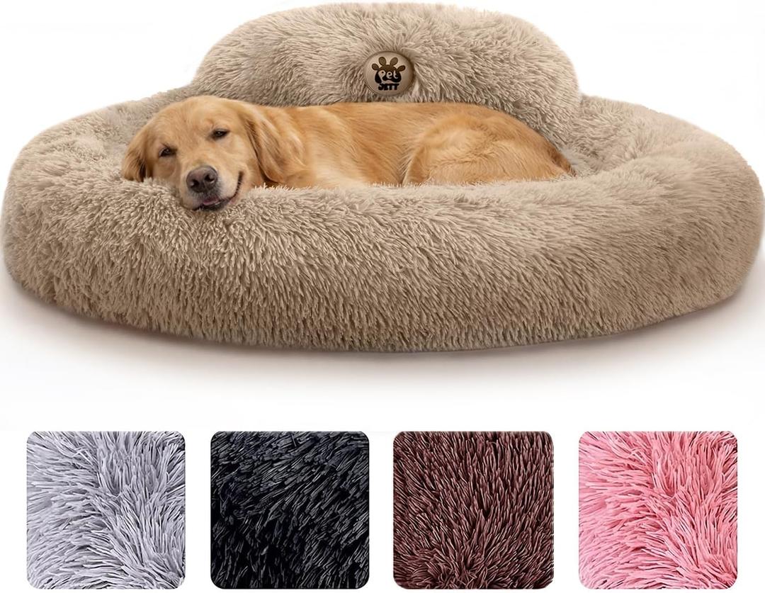 PetJett XL Dog Bed for Large Sized Dog - 45'' Extra Large Dog Bed, Washable Dog Bed - Anti-Slip Super Soft Round Donut Bed, Fluffy Faux Fur Anti-Anxiety Premium Comfort Pet Bed, Fits Dogs upto 120 lbs, Beige