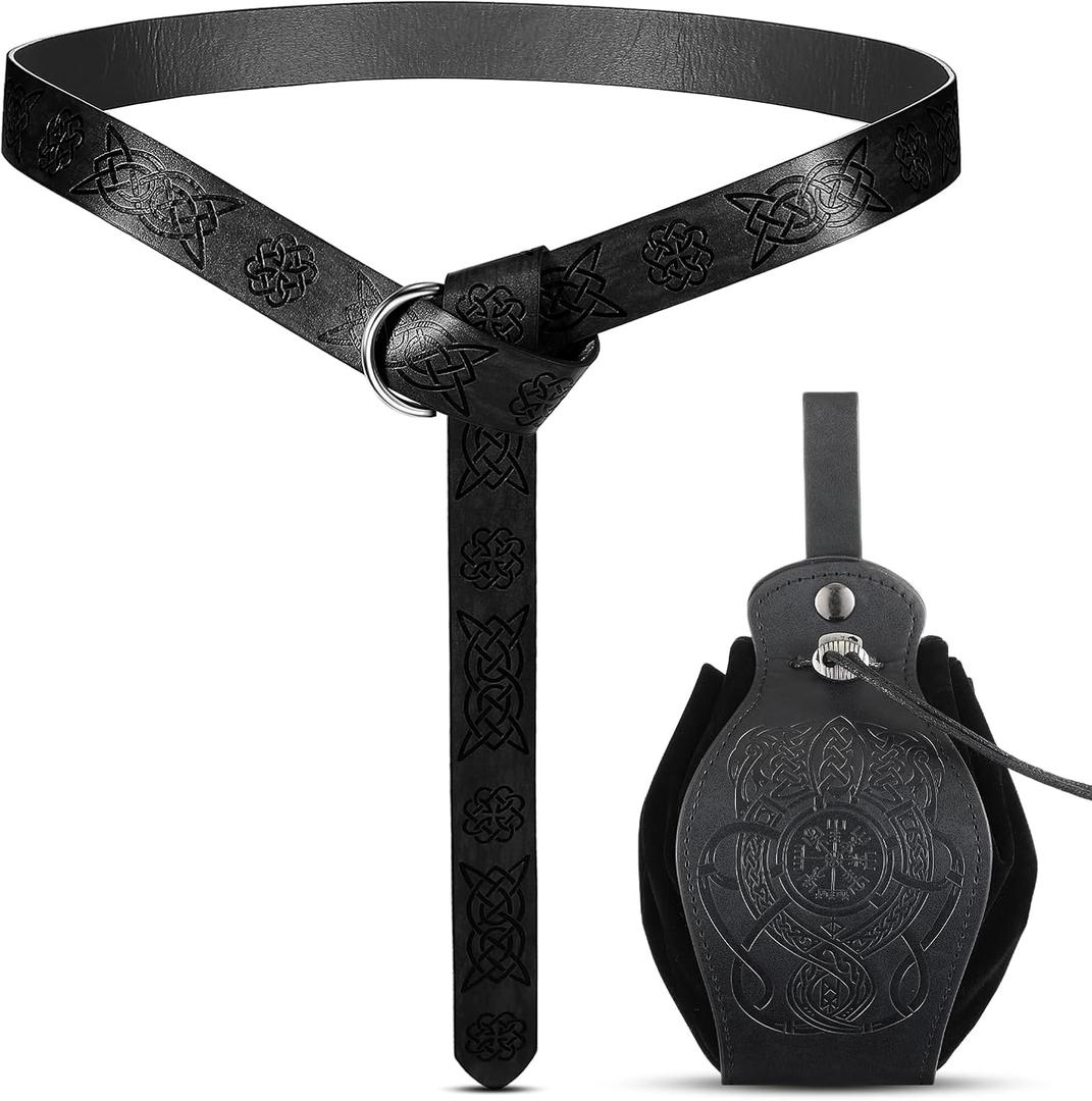 2 Pcs Medieval Viking Belt Leather Pouch Bag Embossed Renaissance Costume Accessories for Men Women Halloween LARP Cosplay (Black)