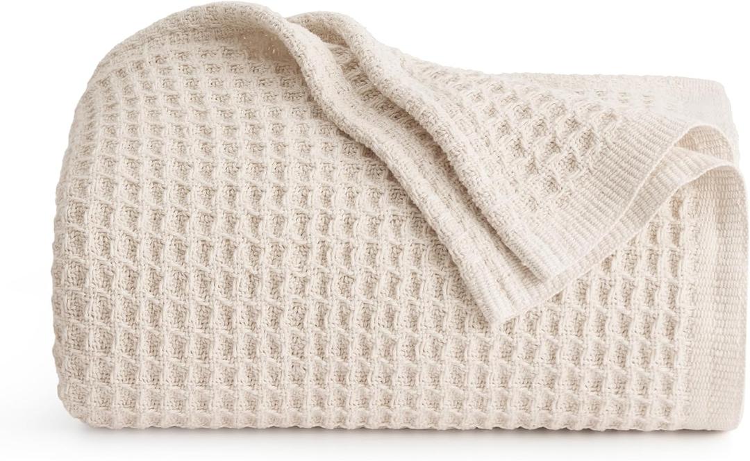 Bedsure Gentlesoft 100% Cotton Large Throw Blanket for Couch 50x70 inches - Breathable and Soft, Waffle Weave Throw Blanket for Office, Khaki (a Little Bit Yellow)