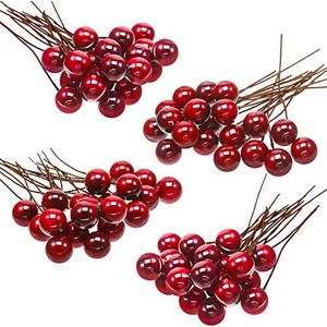 BBTO 100 Pack Artificial Holly Berries Mini 10 mm Christmas Fake Berries Stems Crafts Faux on Wire for Christmas Tree Decoration Flower Branches Ornament Wreath DIY Winter Home(Wine Red)