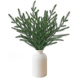 15" Artificial Norfolk Pine Stems in Frosted Ceramic Vase - Best Faux Pine Branches for Christmas Decor, DIY Holiday Crafts, Indoor Outdoor Home Decorations Small Fake Desk Table Decor（10pcs leaf）