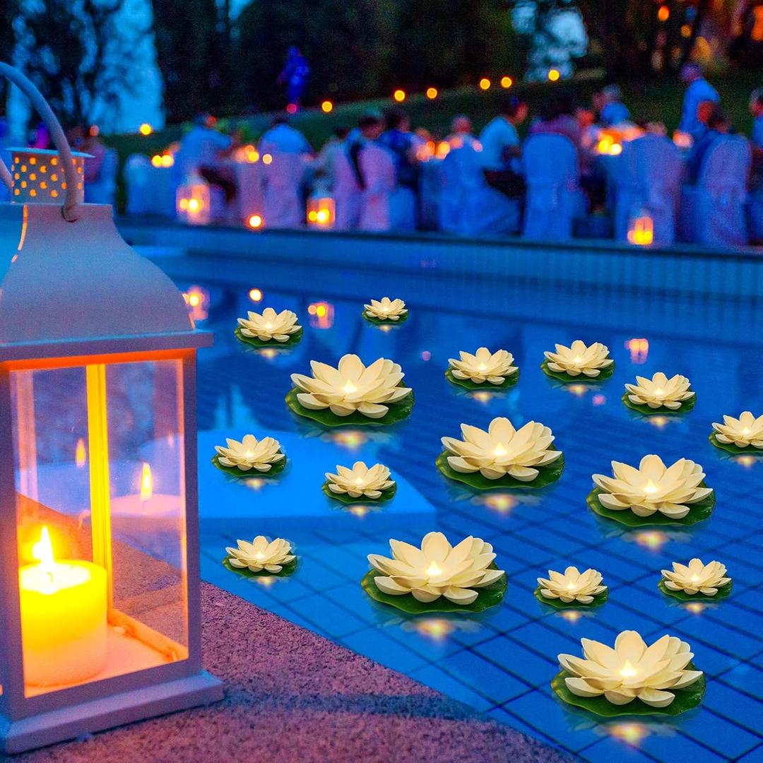 Liliful 36 Pcs Floating Lights Lotus Lifelike Artificial Floating Flowers for Pool with LED Lights Battery Operated Lily Pads Water Lanterns(3.94, 5.91 Inch,White)