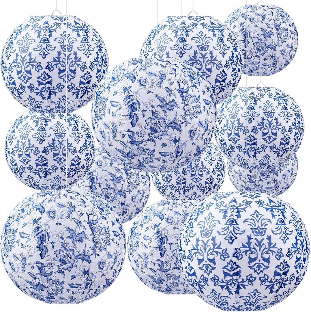 Retisee 12 Pcs Chinoiserie Paper Lantern Set 10 Inches Wedding Blue and White Decoration Blue and White Porcelain Print Decor Chinese Hanging Lantern for Ceiling Birthday Baby Shower Home Decor