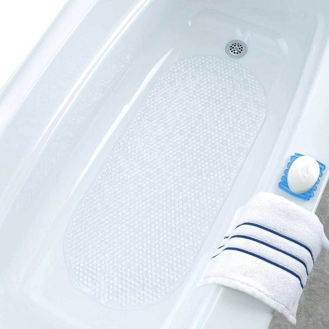 SlipX Solutions Clear Bubble Bath Mat with Microban Protection (15 x 35 Inch, Extra Long Coverage, Oval Shape, Machine Washable)
