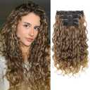 REECHO Curly Hair Extensions, 4PCS 16 inch Clip in Hair Extensions Lace Weft Short Curly Extension Clip Ins Invisible Natural Hairpieces for Women, Dark Brown to Light Brown