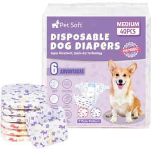Pet Soft Female Dog Diapers - Disposable Doggie Diapers with Wetness Indicator, Puppy & Cat Diaper Super Absorbent, Fit for Female Dog in Heat or Incontinence, 40pcs (M, Mixed)