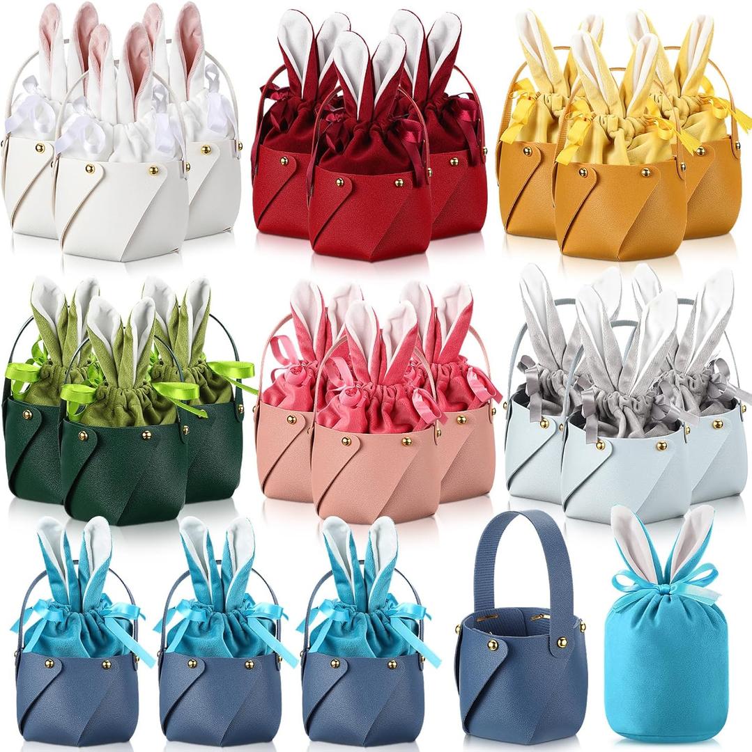 Shinylin 42 Pcs Easter Bunny Gift Bags Bunny Birthday Decor Rabbit Ear Velvet Bags with Drawstrings Candy Bag Leather Basket Buckets for Kids Gift Pouches Party Favors Toy Storage Jewelry, 7 Colors