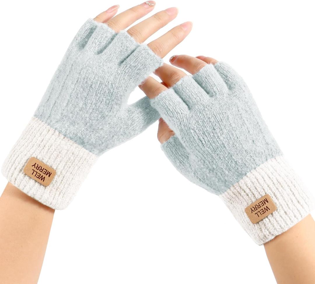 Fingerless Gloves for Women - Winter Knitted Half Finger Gloves for Typing Driving Fingerless Mittens (Blue)