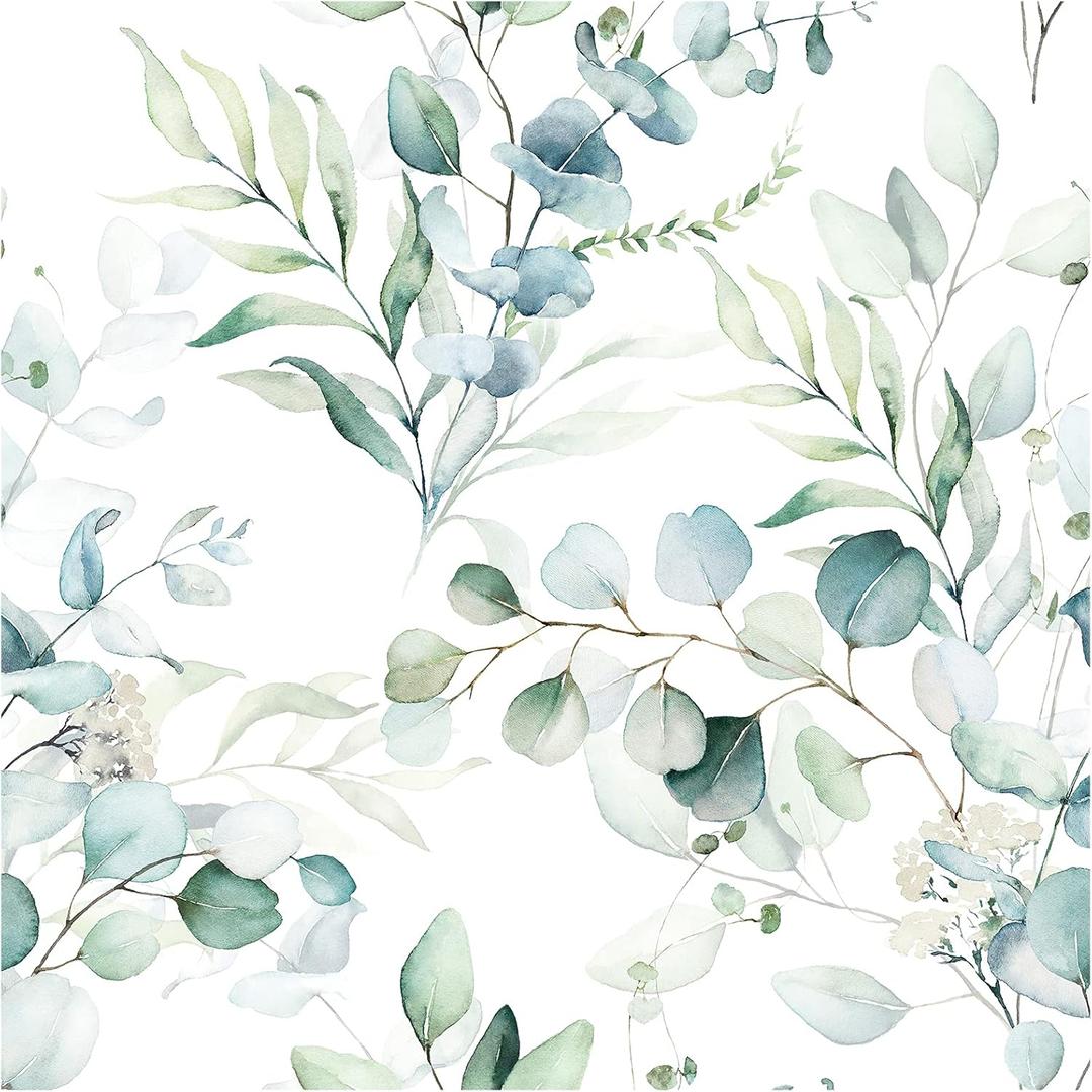HAOKHOME Peel and Stick Wallpaper Boho Green/White Eucalyptus Leaf Floral Wall Mural Home Nursery Decor Renter Friendly Wallpaper 17.3in x 32.8ft