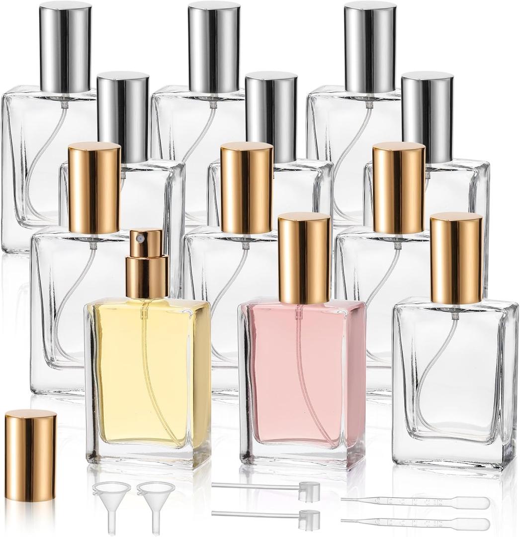 Foraineam 12 Pack 1 oz / 30ml Clear Glass Perfume Bottle, Refillable Empty Fine Mist Atomizer Spray Bottles, Portable Square Atomizer Bottles for Fragrance, Lotion, Essential Oil