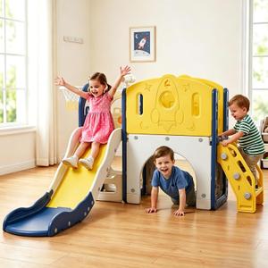 8 in 1 Toddler Playset Toddler Slide and Climber Playset, L-Shaped Kids Slide with Basketball Hoop, Telescope & Storage, Sturdy Indoor Outdoor Playground, for Boys Girls 1-3+, Style B