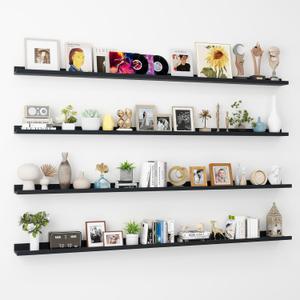 Axeman Picture Ledge Shelf Set of 4-72 Inch Floating Shelves with Lip - Black Picture Shelf for Wall with Ledge - Photo Ledge Shelves for Room Nursery Bookshelf Vinyl Record