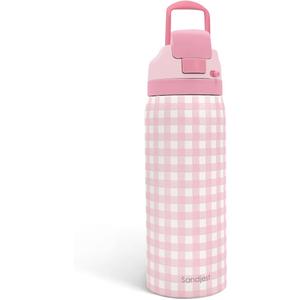 Gingham Pattern Insulated Stainless Steel Water Bottle with Straw, Push-Button Lid, 32 Ounce, Gifts for Women Girls Friends Teens Birthday Christmas (Pink)