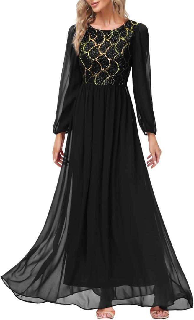 Women's Sequin Evening Dresses Long Sleeves Crewneck Floor Length Chiffon Formal Ball Gowns Dress (Medium, Black)