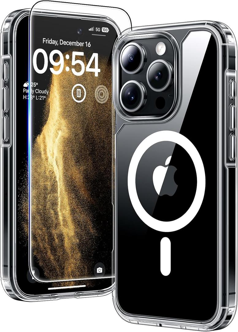 TAURI for iPhone 16 Pro Case, Compatible with MagSafe, with Screen Protectors, Not-Yellowing Military-Grade Protection, Shockproof Slim Magnetic Case for iPhone 16 Pro 6.3", Clear