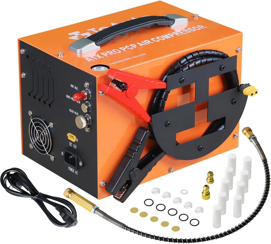 TOAUTO A1X-PRO PCP Air Compressor,4500Psi 30Mpa, Wire Spool Portable Design, Built-in Converter, Water/Oil-Free, One Button Start, Bursting disc, by 110V AC or 12V Car Battery (Manual Stop Version) (Czba1xpro-hand-us)