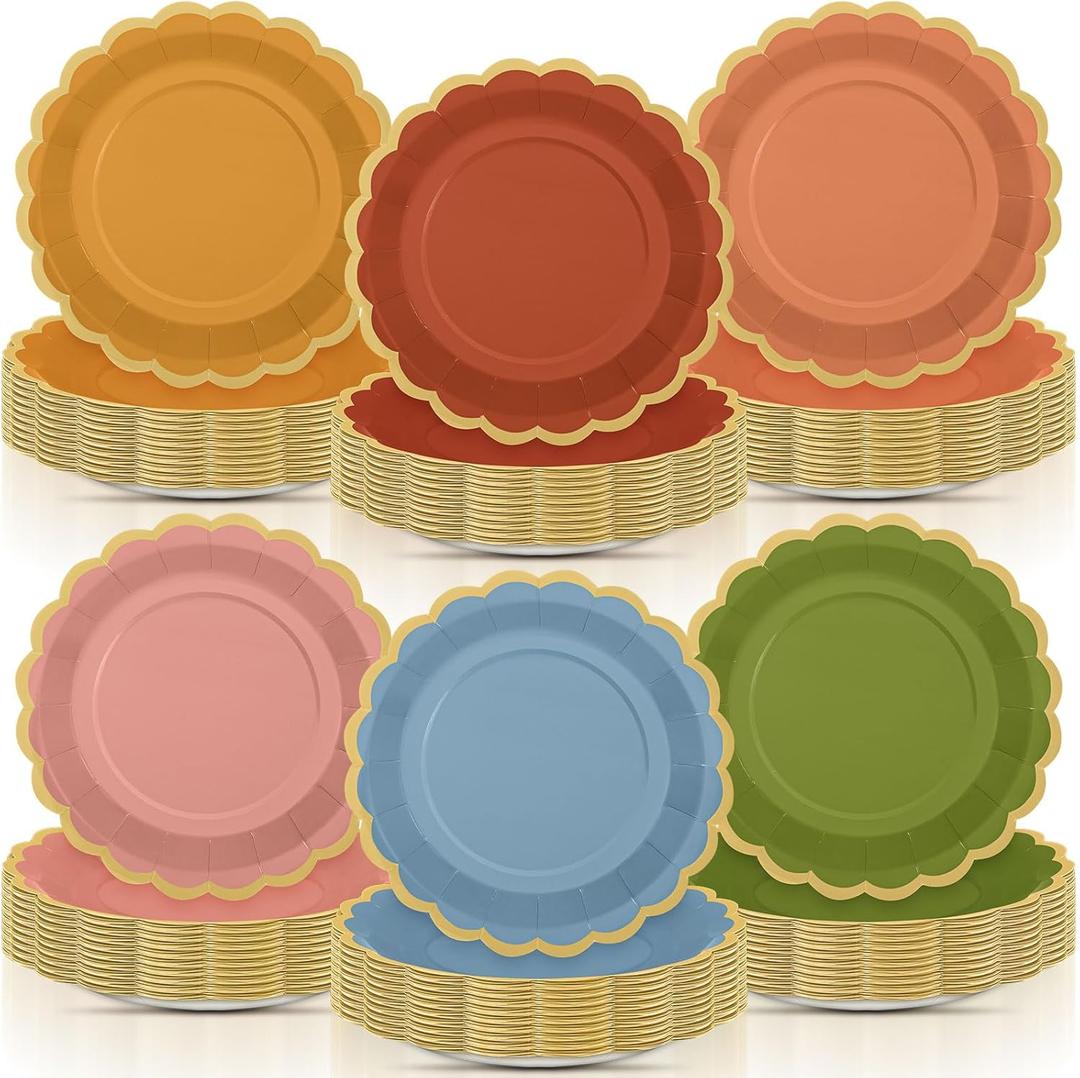 Tiangrid 96 Pcs Fall Wildflower Color Paper Plates 9 Inch Colorful Boho Scalloped Paper Disposable Dinner Dessert Plates for Autumn Thanksgiving Birthday Wedding Bridal Party Supplies, 6 Colors