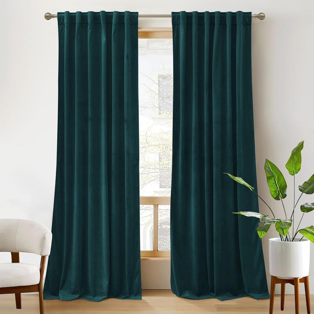 RYB Home Velvet Curtains 2 Panels Set - Super Soft Durable Window Drapes Room Darkening Energy Smart Back Tap for Apartment Villa Room Backdrops, Peacock Blue, W52 x L96 inches, 2 Panels