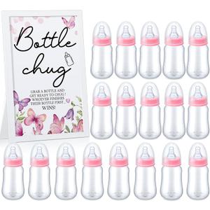 Roowest Bottle Chug Baby Shower Game Favors Including Pink Butterfly Theme Wooden Sign and 18 Pcs Baby Bottles for Gender Reveal Party Supplies