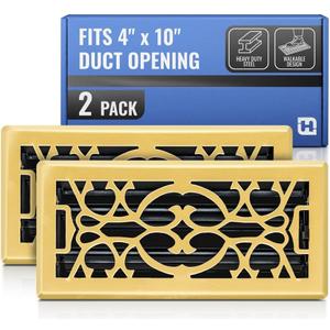 [2 Pack] Fits 4x10 and 10x4 Duct Opening | Decorative Floor Register with Victorian Design by Handua | Heavy Duty Walkable Design | Damper | Floor Vent | Easy Adjust Air Supply Lever | Polished Brass