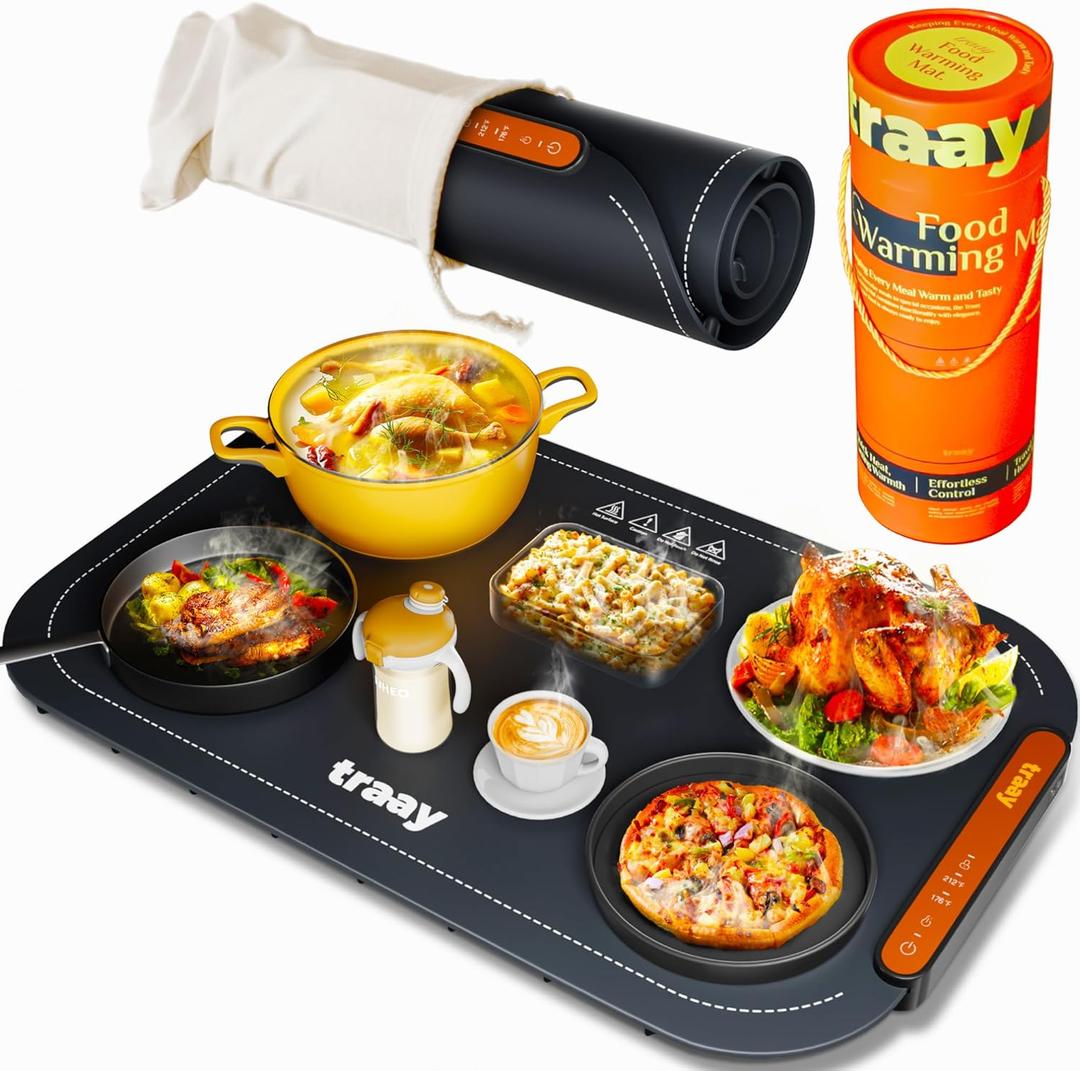 Food Warmer Mat: Convenient Fast Heating, Easy Controls, and Versatile for Any Occasion  Includes Linen Bag for Storage, Towel for Quick Cleanup, and 3 Wooden Spoons for Perfect Serving!