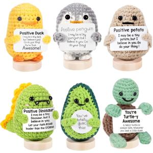 6 PCS Positive Crochet Animals with Base, Funny Handmade Emotional Support Potato Duck Penguin Turtle Dinosaur Avocado, Cute Mini Crochet Stuffed Animal for Friend Coworker Inspirational Gift