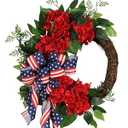 Pudate 22IN Artifical Patriotic Wreath Fourth of July Wreath with Hydrangeas Ivy Spring Summer Wreath for Front Door Wall Decor Indoor Outdoor