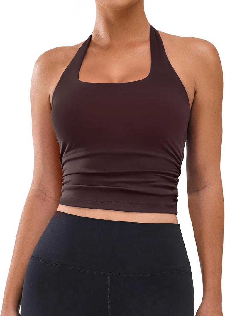BMJL Womens Halter Built in Bra Workout Sports Tank Tops Summer Trendy Backless Going Out Clothing 2025 (Small, Coffee)