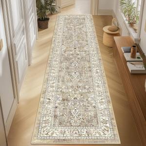 LOKHOM Washable Runner Rug, 2x8 Non-Slip Vintage Hallway Runner Rug with Rubber Backing, Boho Floral Soft Faux Wool Kitchen Rug Carpet Runner for Laundry Entryway Bedroom (Beige Brown)