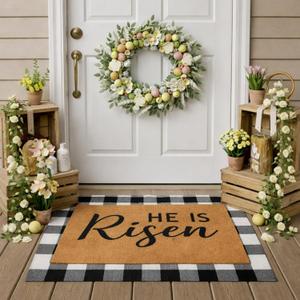 Drydiet 2 Pcs Easter Layered Coir Doormat Set He is Risen Welcome Front Door Mat with Black and White Buffalo Plaid Outdoor Rug Non Slip Porch Entryway Rug for Indoor Outdoor Farmhouse Decor
