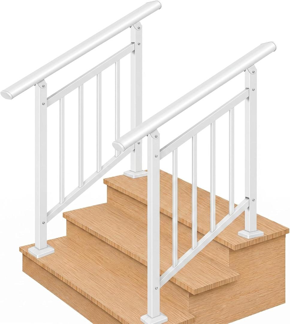 Hand Rails for Outdoor Steps，Stair Handrail & Indoor Stair Railing Kit，Railings for Outdoor Steps for Fence & Outdoor Steps (2, White-with Balusters, 3 Step)