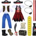 20 Pcs Christmas Elf Pirate Costume for Kids Pirate Clothes Accessories Set Holiday Elf Outfits with Gold Coin Telescope Patch Compass Headscarf Treasure Map Chest for Xmas Party Decoration
