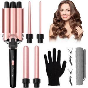 5 in 1 Curling Iron, Curling Wand Set with 3 Barrel Crimper Hair and 4 Interchangeable Ceramic Curling Wand(0.35-1.25), Fast Heating Hair Curler, Include Glove & Clips-Pink