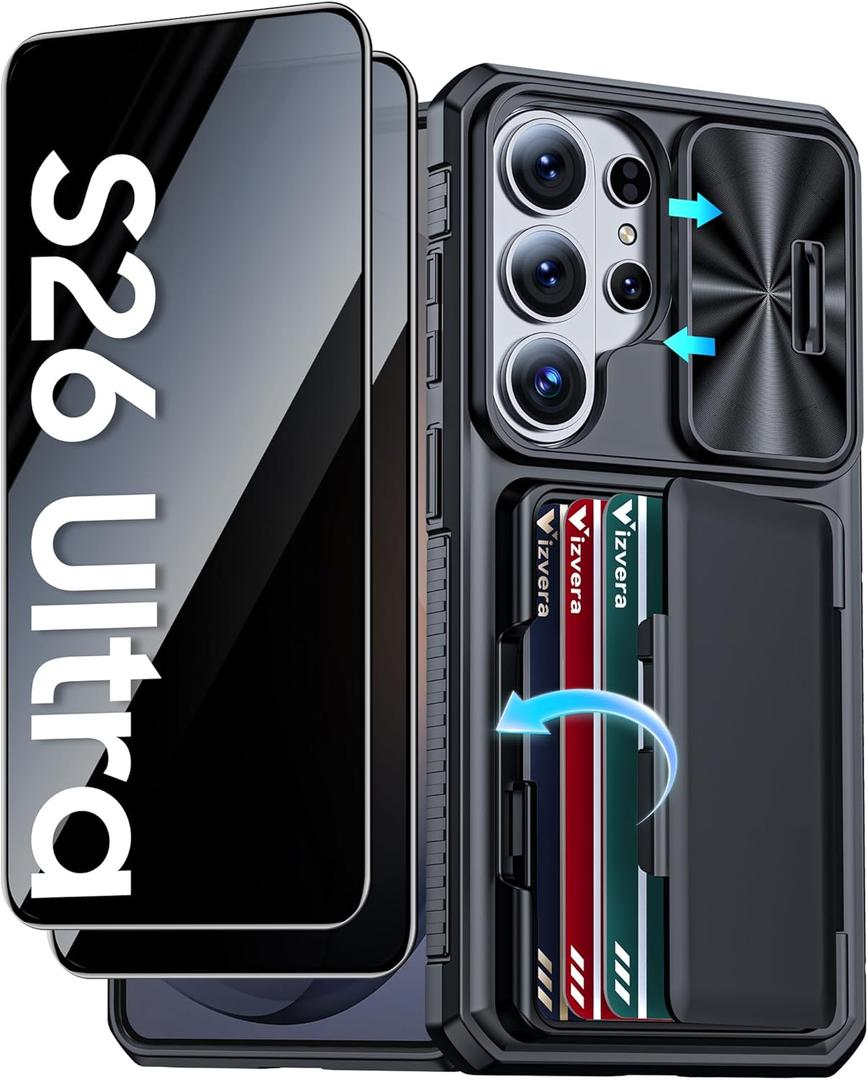 Vizvera for Galaxy S26 Ultra Case with 2 Pack Privacy Screen Protector[RFlD Card Holder][Camera Cover] Shockproof Silicone Protective Phone Case for S26 Ultra 2026