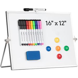 Dry Erase White Board, Cazeyoo Magnetic Desktop Whiteboard 16 x 12inch with Stand, 10 Markers, 4 Magnets and 1 Eraser, Portable Double-Sided White Board for Kids Drawing, Office, Home, School (Metal)
