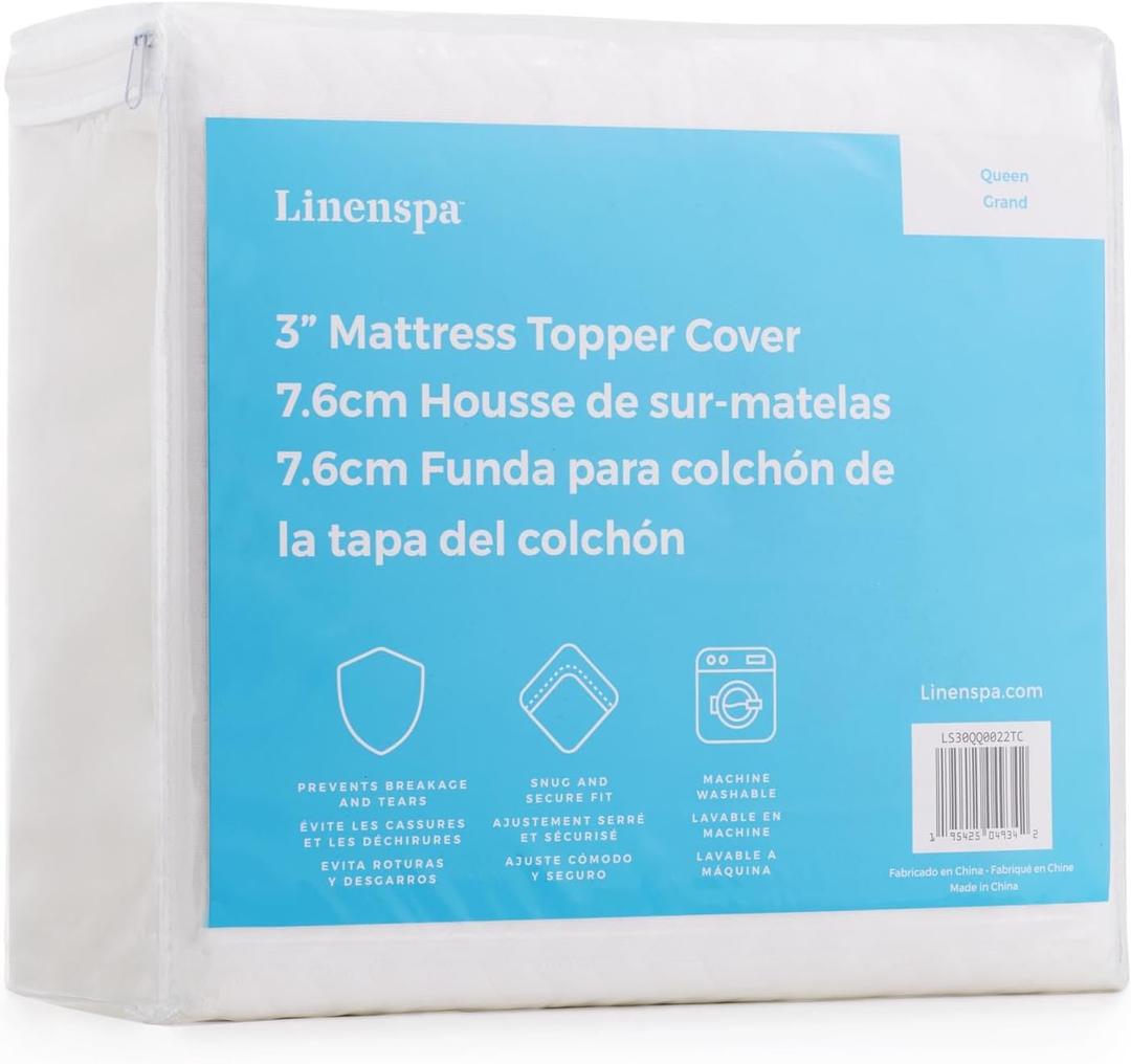 Linenspa 3 Inch Mattress Topper -Cover Full XL Cover Only Machine Washable  Breathable  Non Slip Cover for Mattress Topper with Zipper  Topper -Cover Only , White
