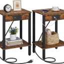 VIMBER Side Table with Charging Station, Set of 2 End Tables with USB Port and Outlets, Nightstands with 2-Tier Storage Shelves, Sofa Table for Small Space, Living Room, Bedroom, Rustic Brown 102F2