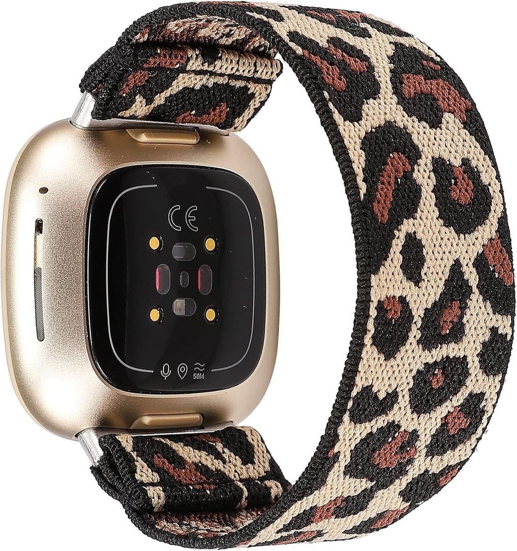 TOYOUTHS Elastic Band Compatible with Fitbit Versa 3 Bands Scrunchie Strap Replacement for Fitbit Sense Fabric Nylon Sport Stretchy Fashion Wristband Women Men (Cheetah, Small)