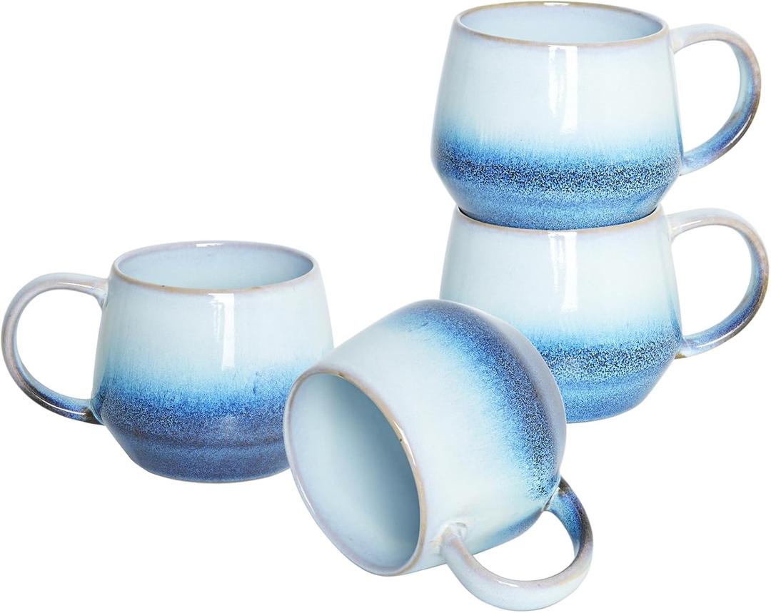 Bosmarlin Large Ceramic Coffee Mug Set of 4, 23 Oz, Coffee Cups with Big Handle, Microwave Safe, Unique Reactive Glaze (Blue)