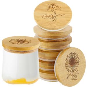 Gueevin 6 Pieces Yogurt Jar Lids Bulk Bamboo Wooden Lids Set Compatible with Oui Yogurt Jars Round Reusable with Silicone Sealing Rings Brave Flower Rose Sunflower Daisy for Kitchen Food Storage