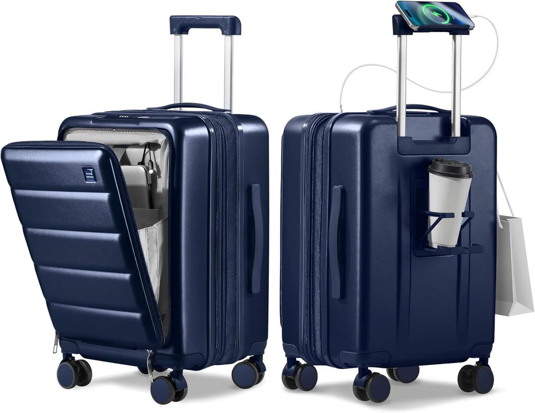 Expandable 20Inch Carry On Luggage Airline Approved - Front Pocket Travel Suitcase 100% PC Unbreakable -with Cup Holder,USB Charge,Side Pothook, 360°Spinner Wheels, TSA Lock-Navy Blue, 20 Inch-EXT