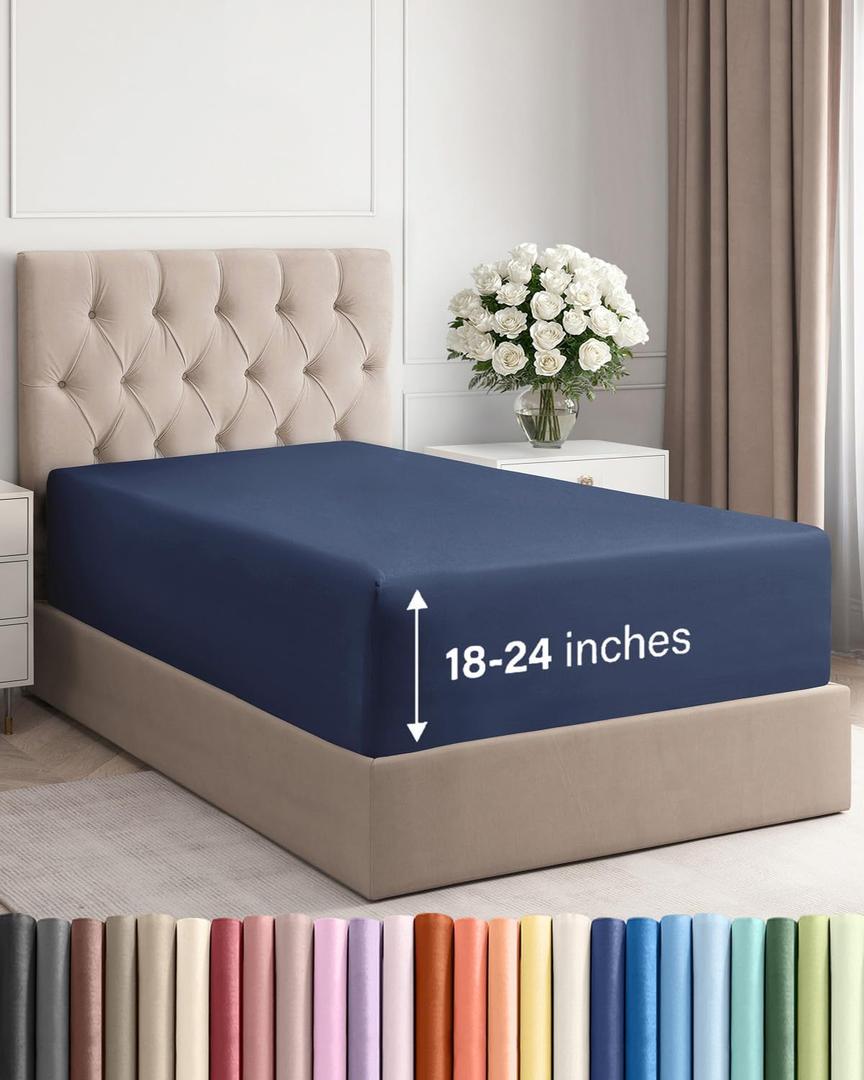 Extra Deep Twin Fitted Sheet - Hotel Luxury Single Fitted Sheet Only - Easily Fits 18 inch to 24 inch Mattress - Ultra Soft, Wrinkle & Fade Free w/Extra Deep Pockets - Breathable & Comfy - Navy Blue