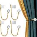 Crystal Curtain Tieback Hooks, Wall Mounted Drapery Holdbacks, Gold Curtain Holders - Heavy Duty Metal, 4 Pack