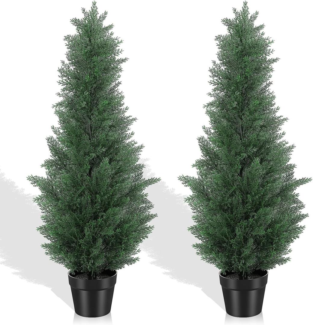 3FT Artificial Cedar Tree - Realistic Faux Cedar Trees for Outdoor Planters - Fake Cypress Trees for Front Porch - Faux Evergreen Plants for Home Porch Decor - Set of 2