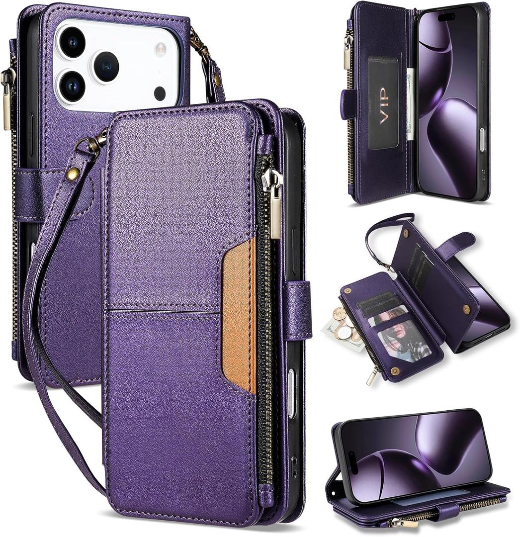 Compatible with iPhone 17 Pro Max Wallet Case with Card Holder Fashion PU Leather Magnetic Snap Flip Zipper Strap Protective Phone Case for iPhone 17 Pro Max Case Wallet(6.9 inch-Purple)