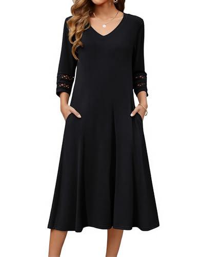 Zeagoo Black Dress Mid Length with Sleeves Casual Dress for Women Straight Tshirt Dress with Pockets Black XL