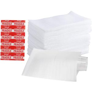 100 Pack 7.5x 12" Foam Wrap Cushion Pouches (0.75mmThickness), Extra 5 Pack Fragile Stickers Labels(60 pcs) - Protect Dishes, Glasses, Porcelain & Fragile Items, for Moving, Packing