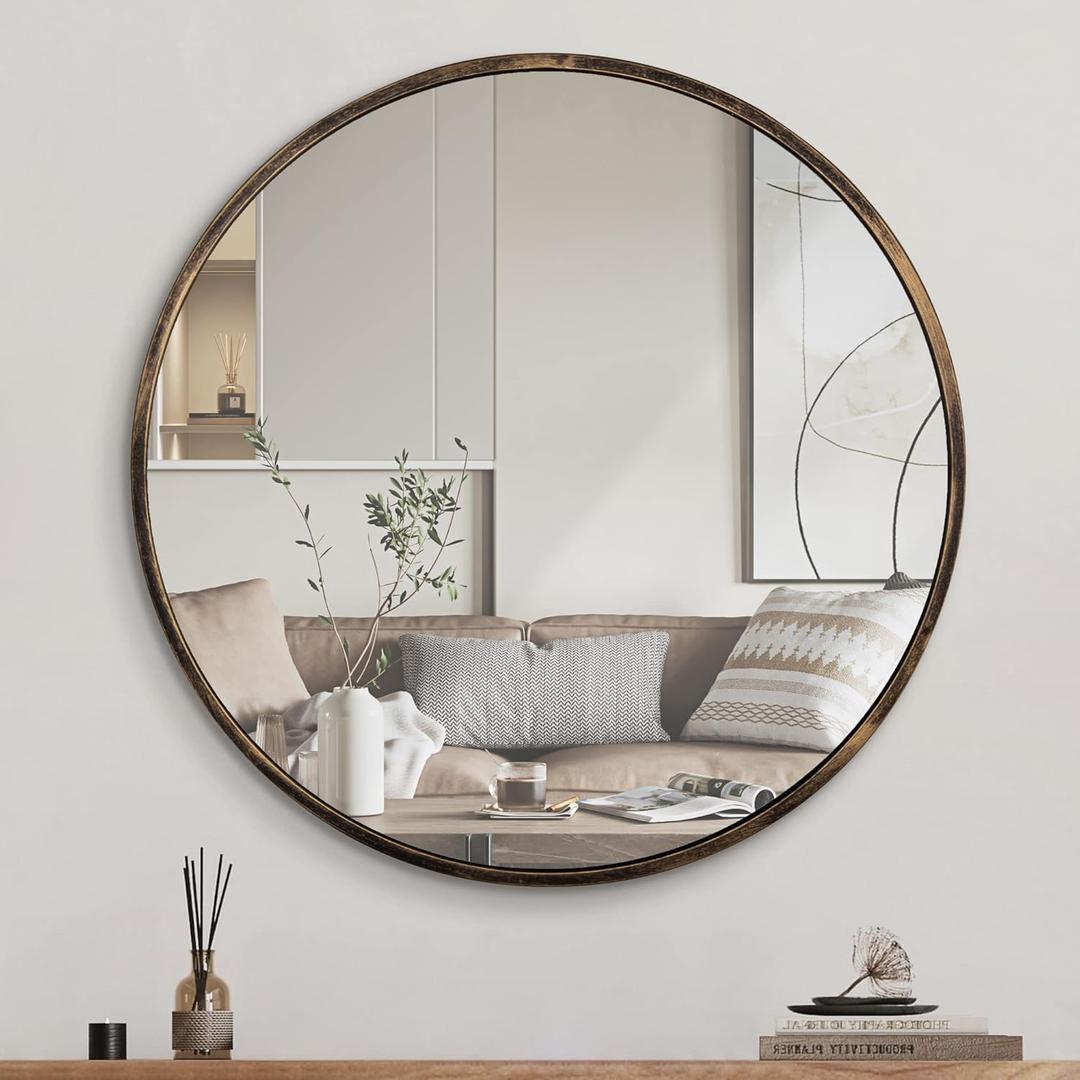 1st owned Round Wall Mirror Bronze 24 Inch -Circular Metal Framed Wall Mounted Mirror, Hanging Round Modern Decorative for Entryway Bathroom, Living Room, Bedroom (24"L x 1"W)