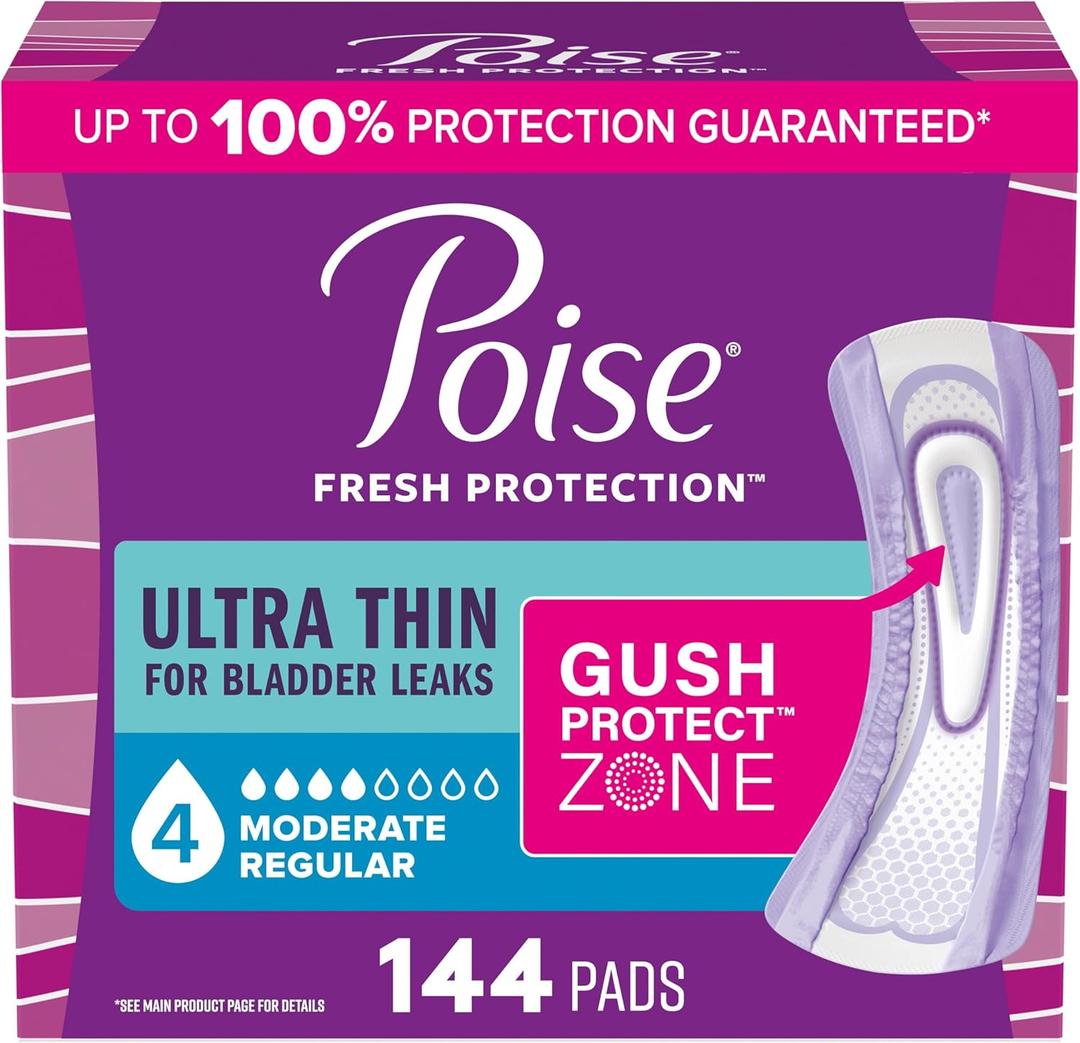 Poise Ultra Thin Incontinence Pads & Postpartum Pads for Bladder Leaks, 4 Drop Moderate Absorbency, Regular Length, 144 Count